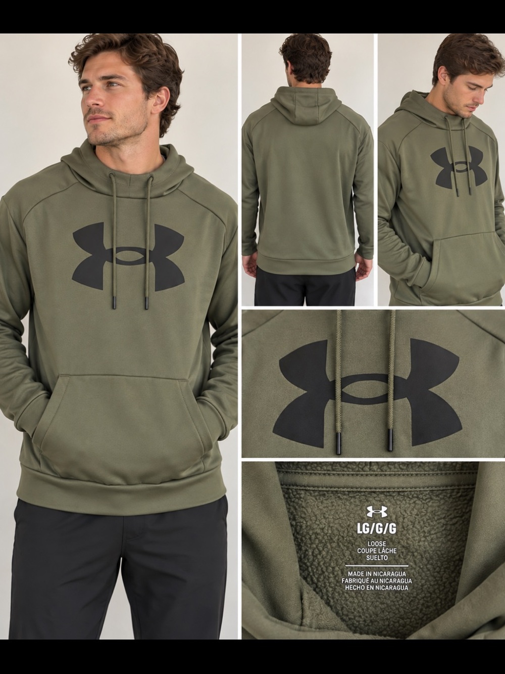 Under Armour Men’s Large Olive Green Big Logo Fleece Pullover Hoodie, Size Large